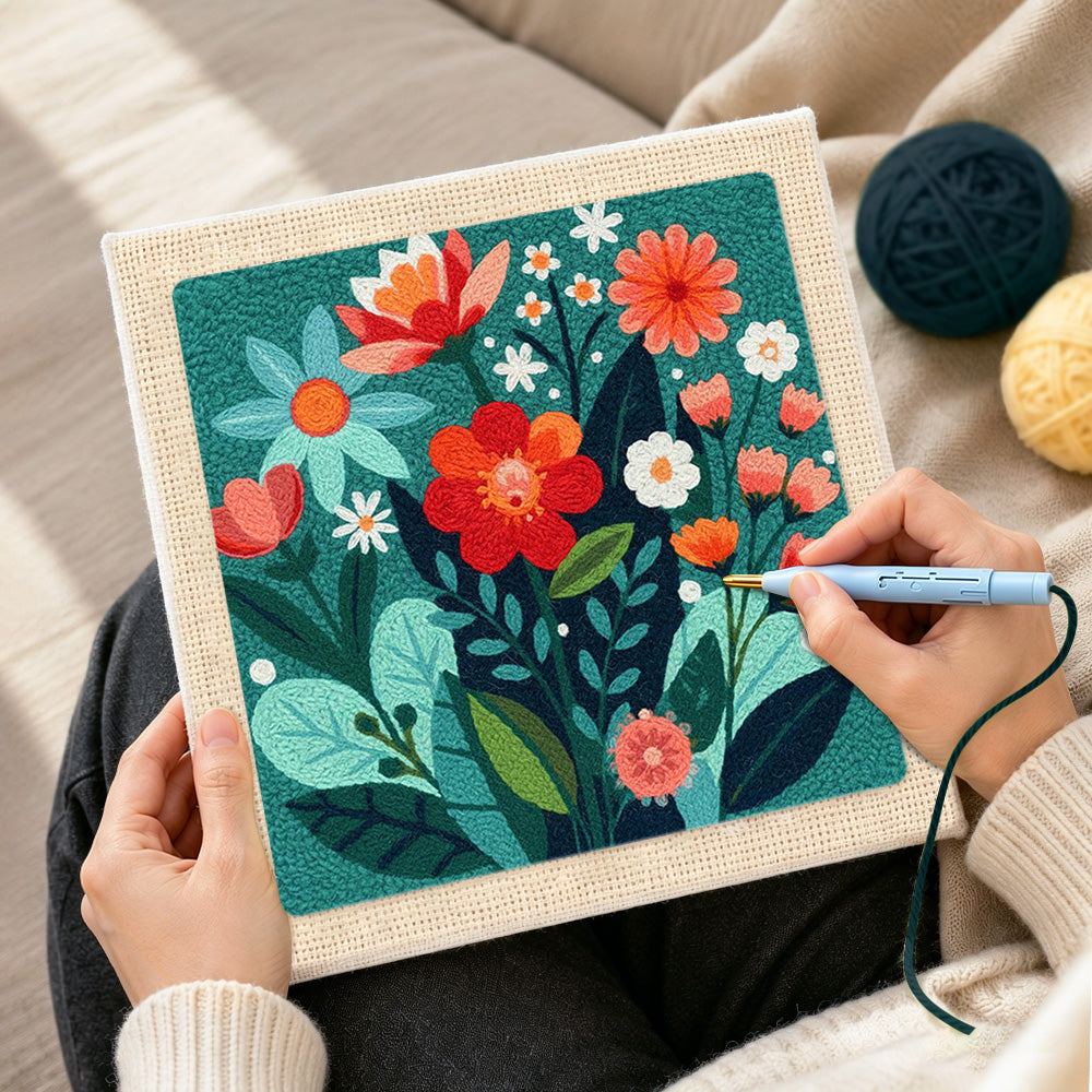 Creating handmade colourful floral medley punch needle artwork