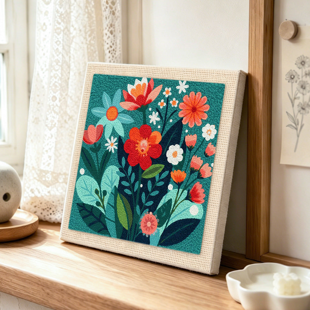 Colourful floral medley punch needle artwork displayed on a table