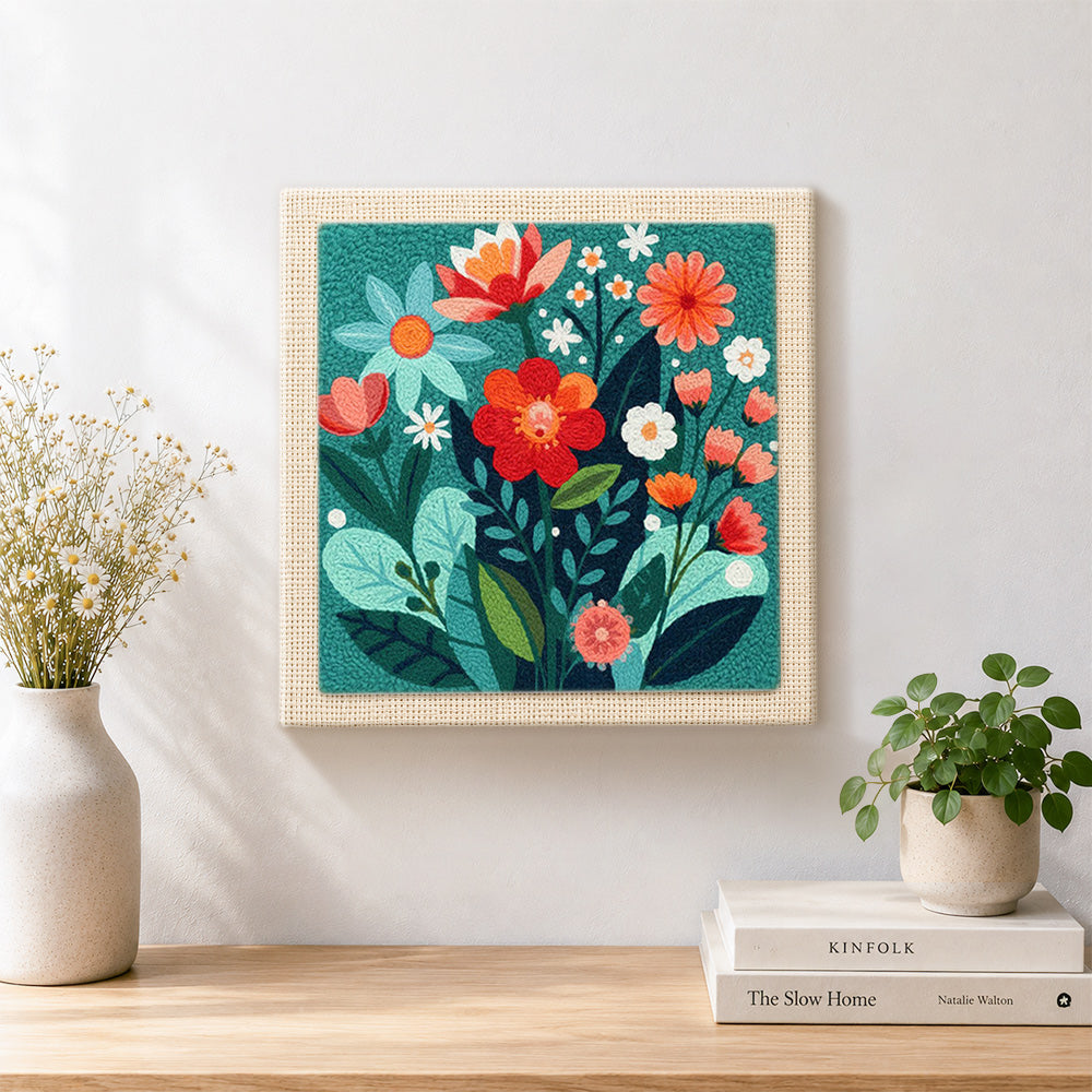 Finished colourful floral medley artwork displayed on a wall