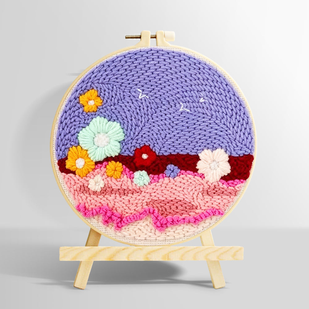 Colourful flowers on purple sky punch needle kit for beginners