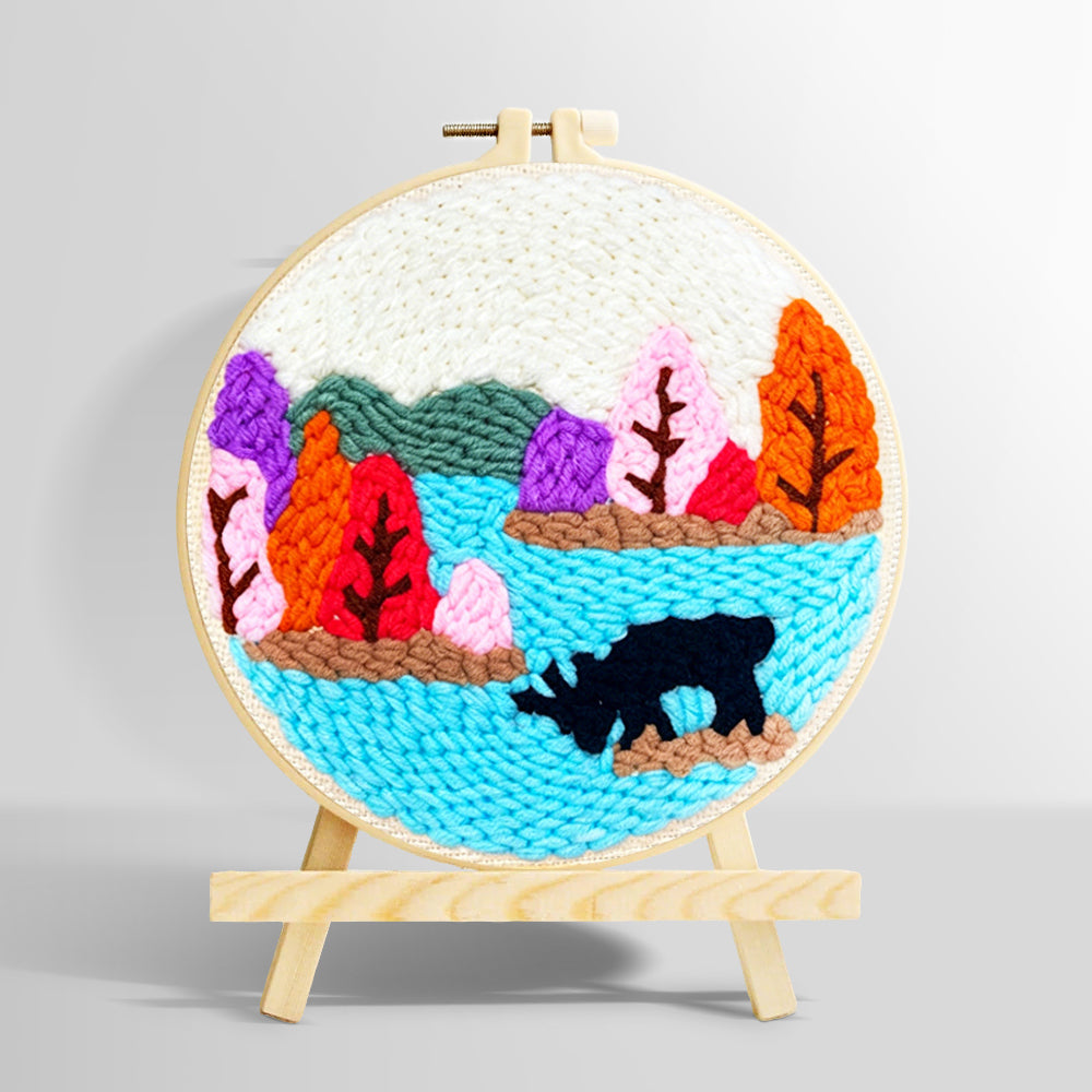 Colourful forest above a lake punch needle kit for beginners
