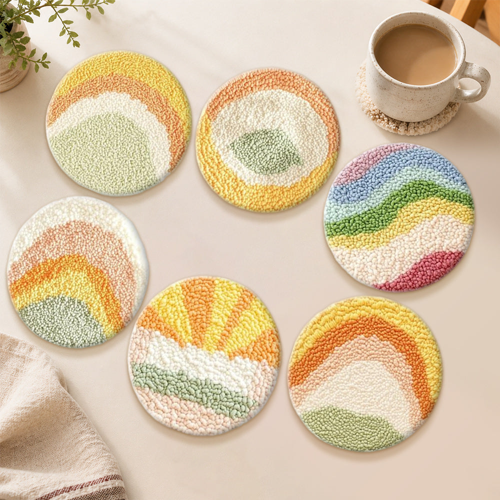 Colourful geometric landscape punch needle coasters used for home decoration