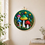 Colourful gradient mushrooms needle felt wall art displayed in a bright home interior