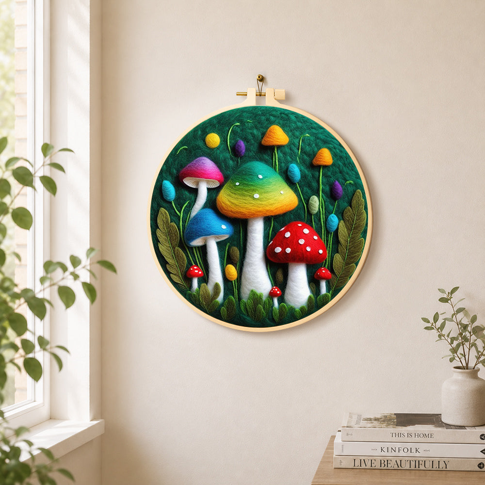 Colourful gradient mushrooms needle felt wall art displayed in a bright home interior