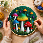 Creating the colourful gradient mushrooms wool painting by hand with a felting needle