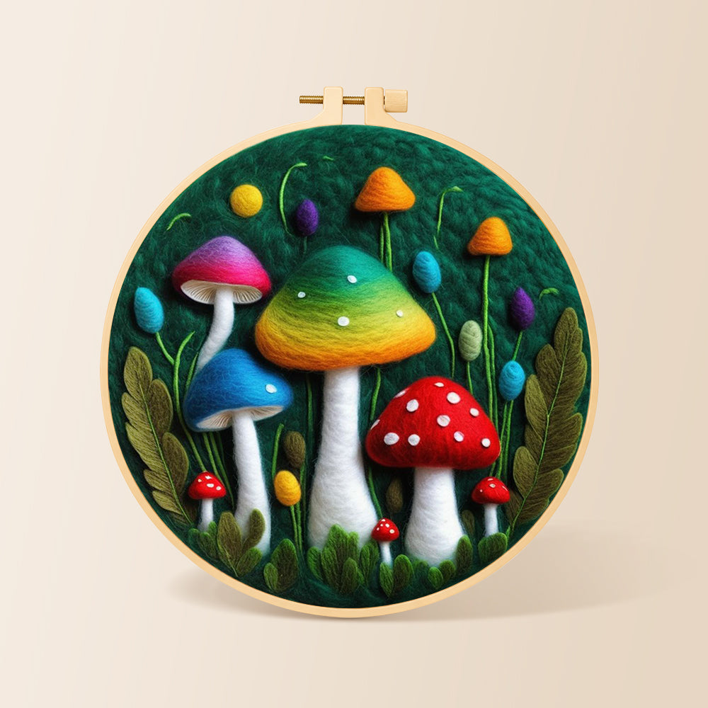 Colourful gradient mushrooms needle felting kit for beginners with a round wooden frame