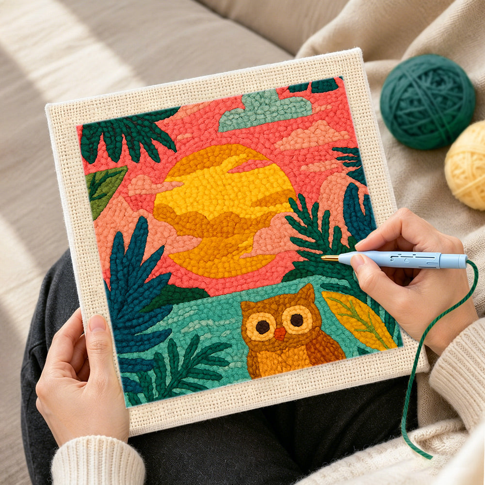 Creating handmade colourful jungle sunset with owl punch needle artwork