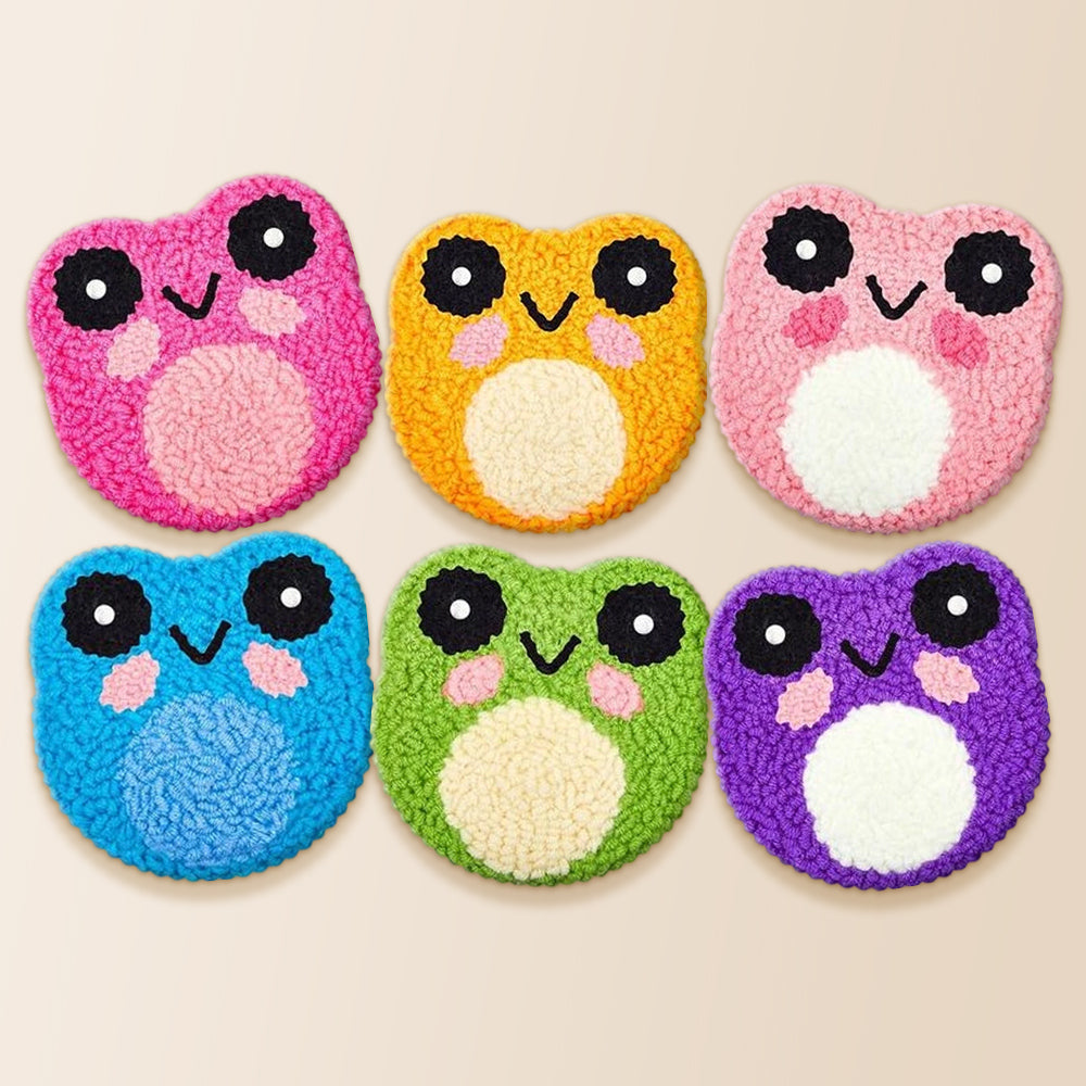 Colourful kawaii frogs punch needle coaster kit finished handmade coasters