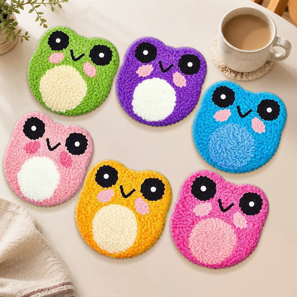 Colourful kawaii frogs punch needle coasters used for home decoration
