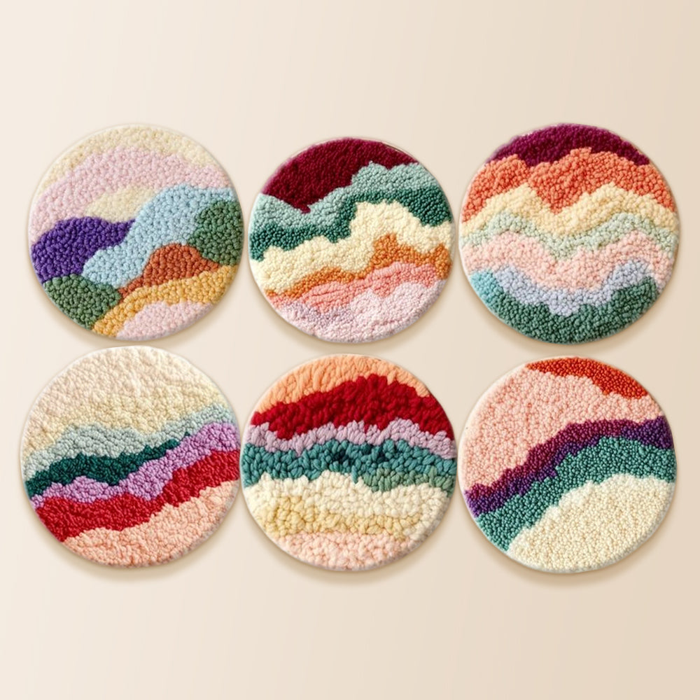 Colourful layered landscape punch needle coaster kit finished handmade coasters