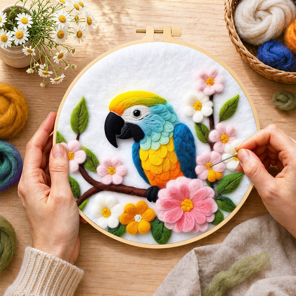 Creating the colourful macaw parrot with flowers wool painting by hand with a felting needle