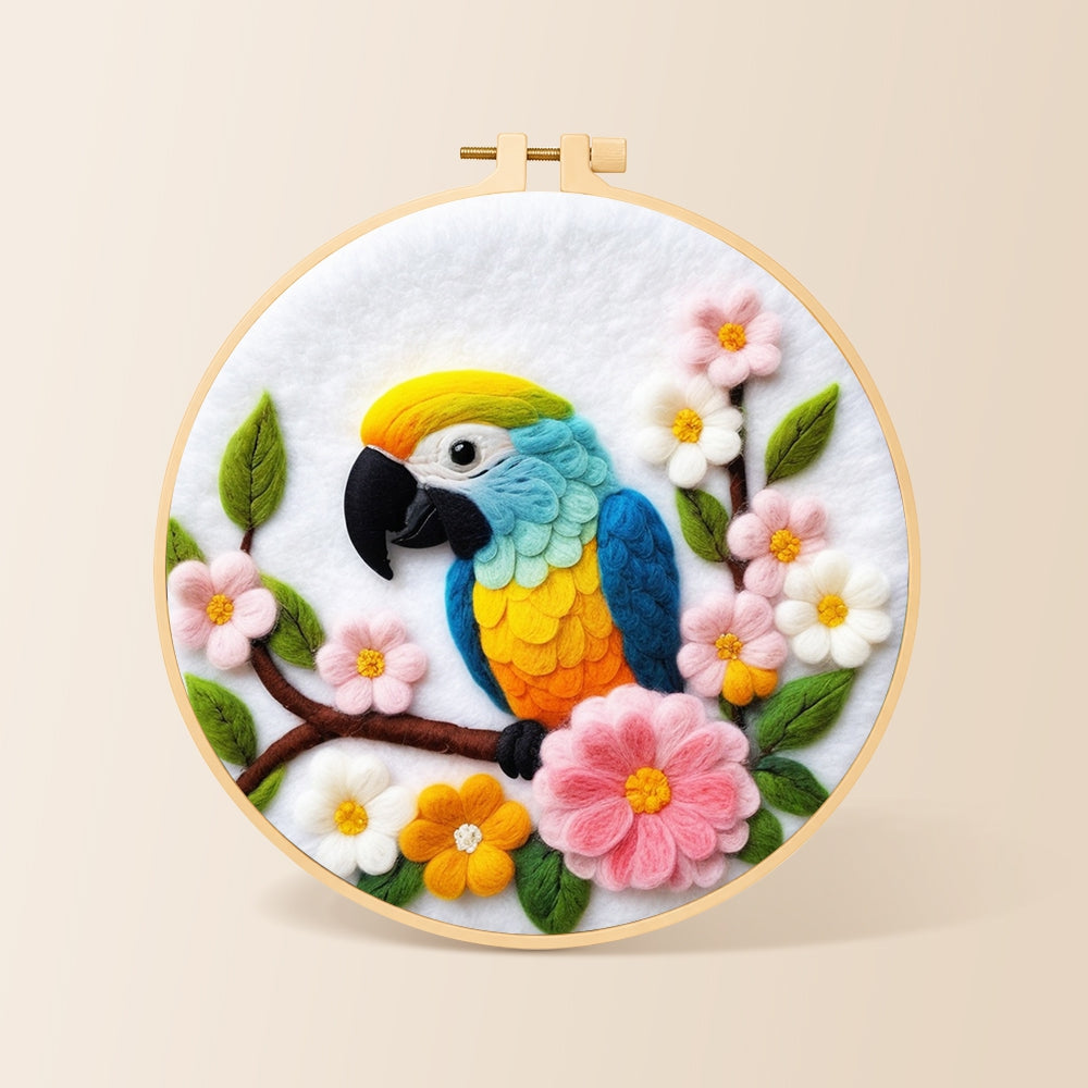 Colourful macaw parrot with flowers needle felting kit for beginners with a round wooden frame