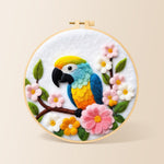 Colourful macaw parrot with flowers needle felting kit for beginners with a round wooden frame