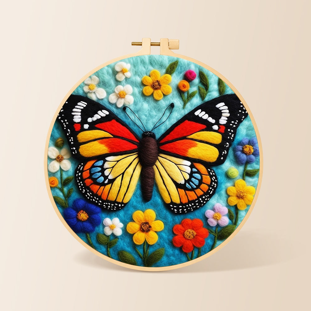 Colourful monarch butterfly and wildflowers needle felting kit for beginners with a round wooden frame