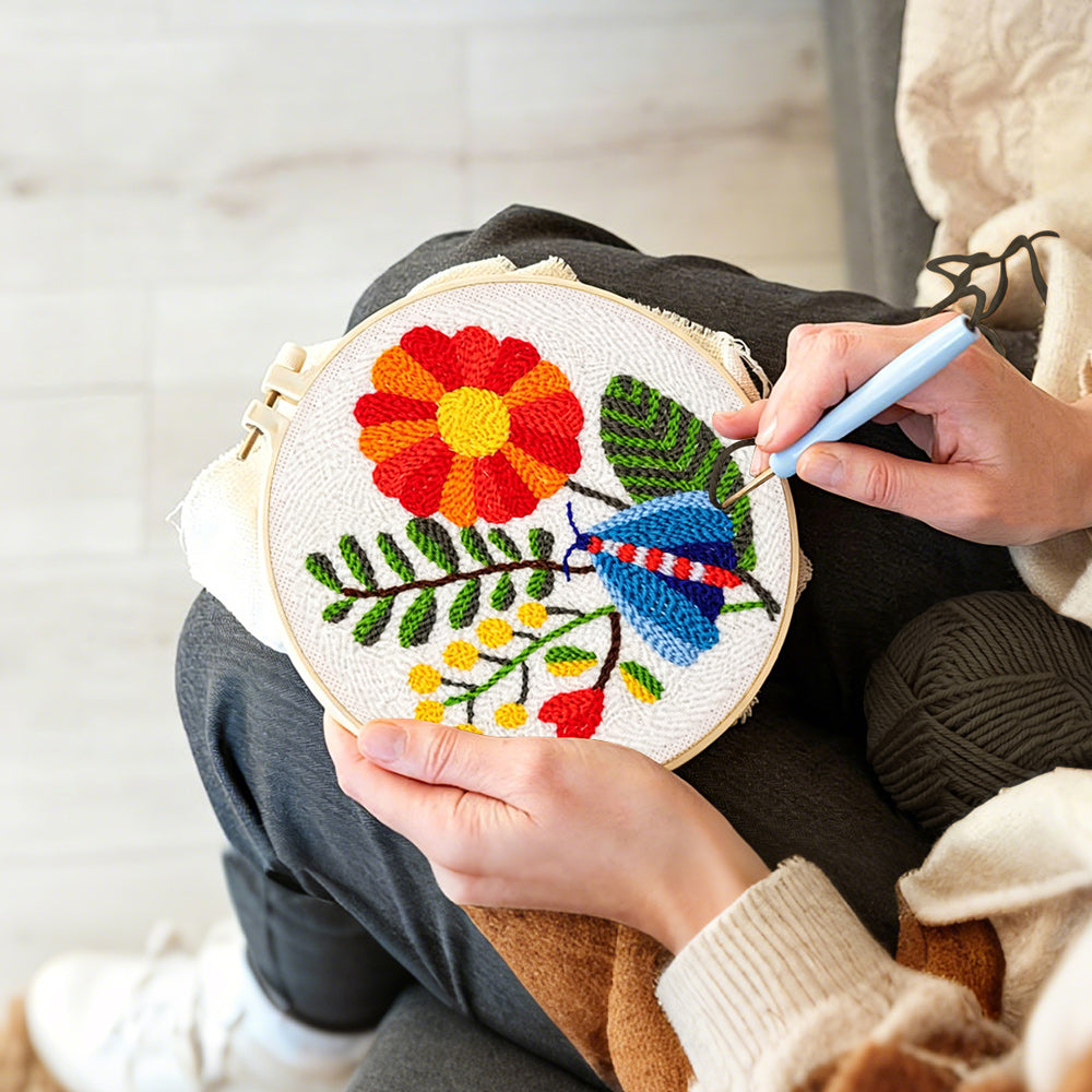 Creating handmade colourful moth and large flower punch needle artwork