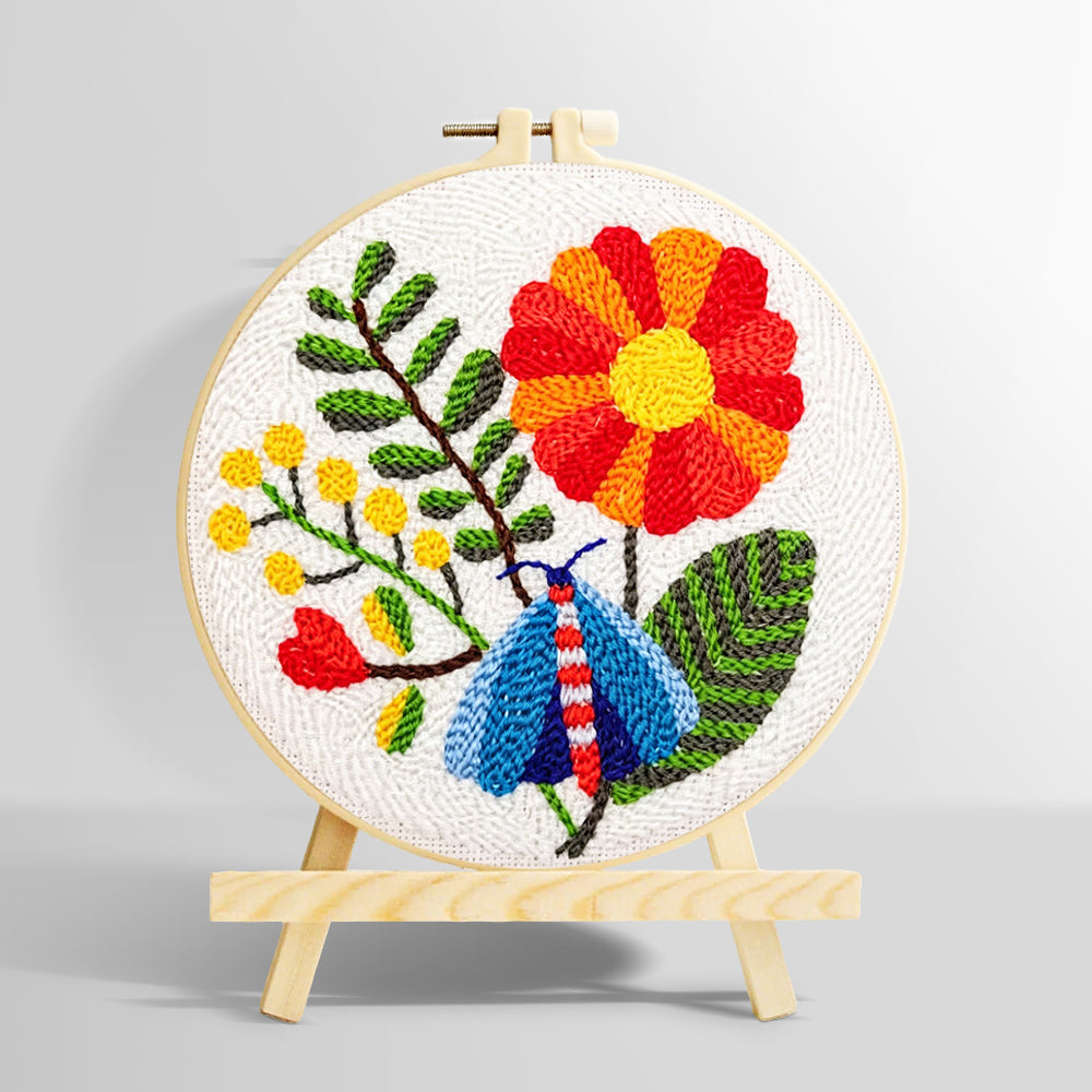 Colourful moth and large flower punch needle kit for beginners