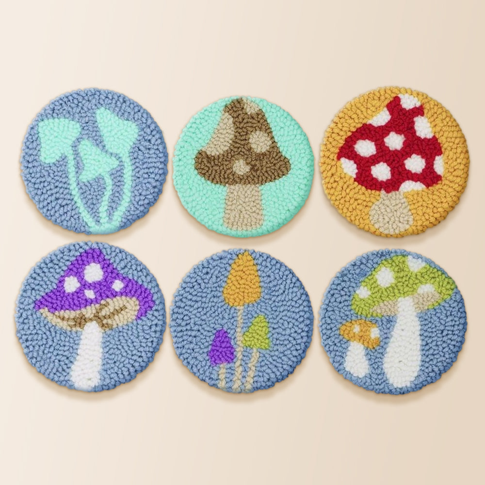 Colourful mushrooms punch needle coaster kit finished handmade coasters