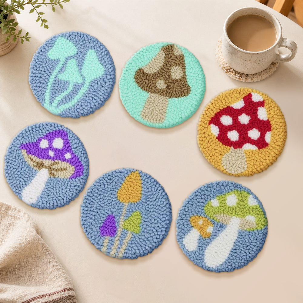 Colourful mushrooms punch needle coasters used for home decoration