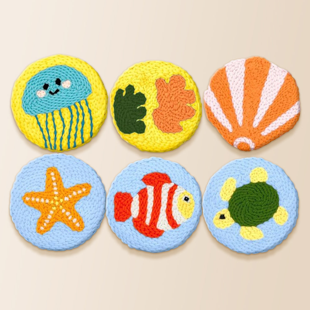 Colourful ocean theme punch needle coaster kit finished handmade coasters