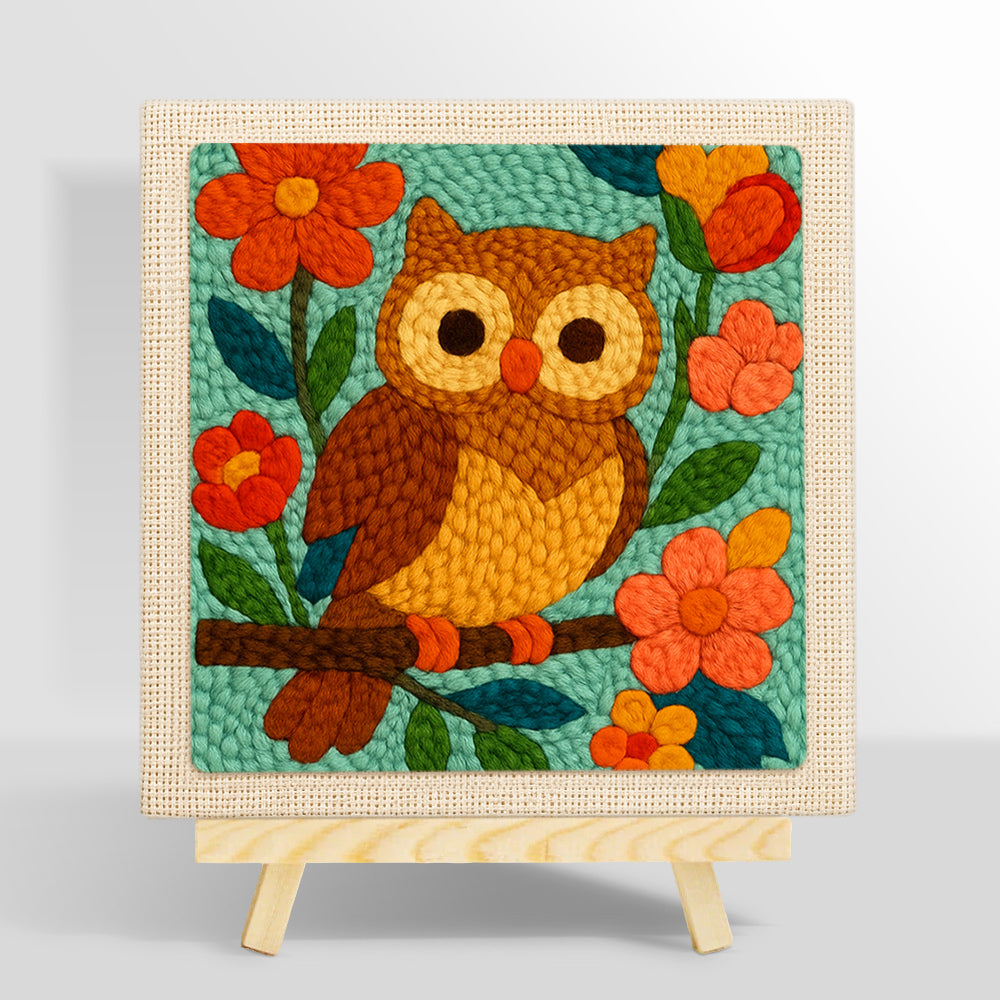 Colourful owl on flowering branch punch needle kit for beginners