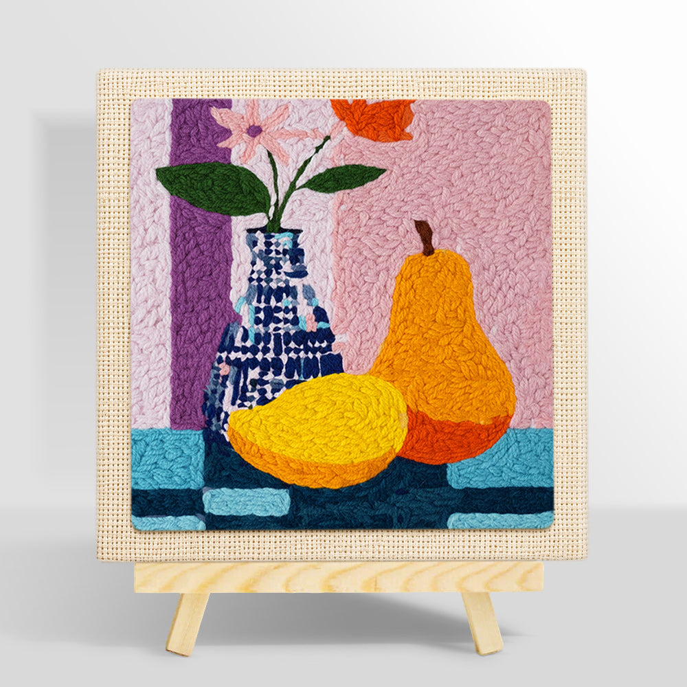 Colourful pear and vase still life punch needle kit for beginners