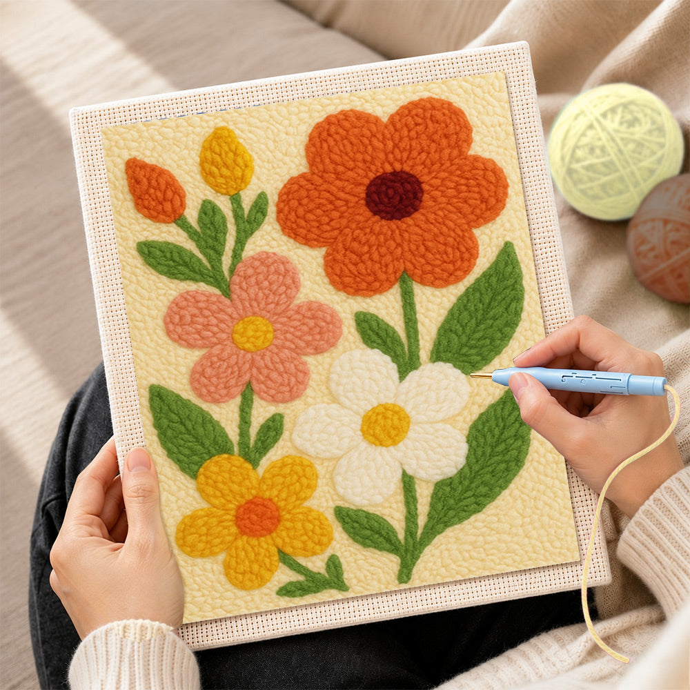 Creating handmade colourful petal flowers punch needle artwork