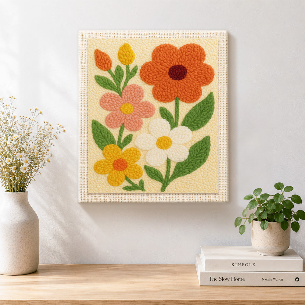 Finished colourful petal flowers artwork displayed on a wall