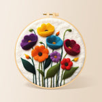 Colourful poppies needle felting kit for beginners with a round wooden frame