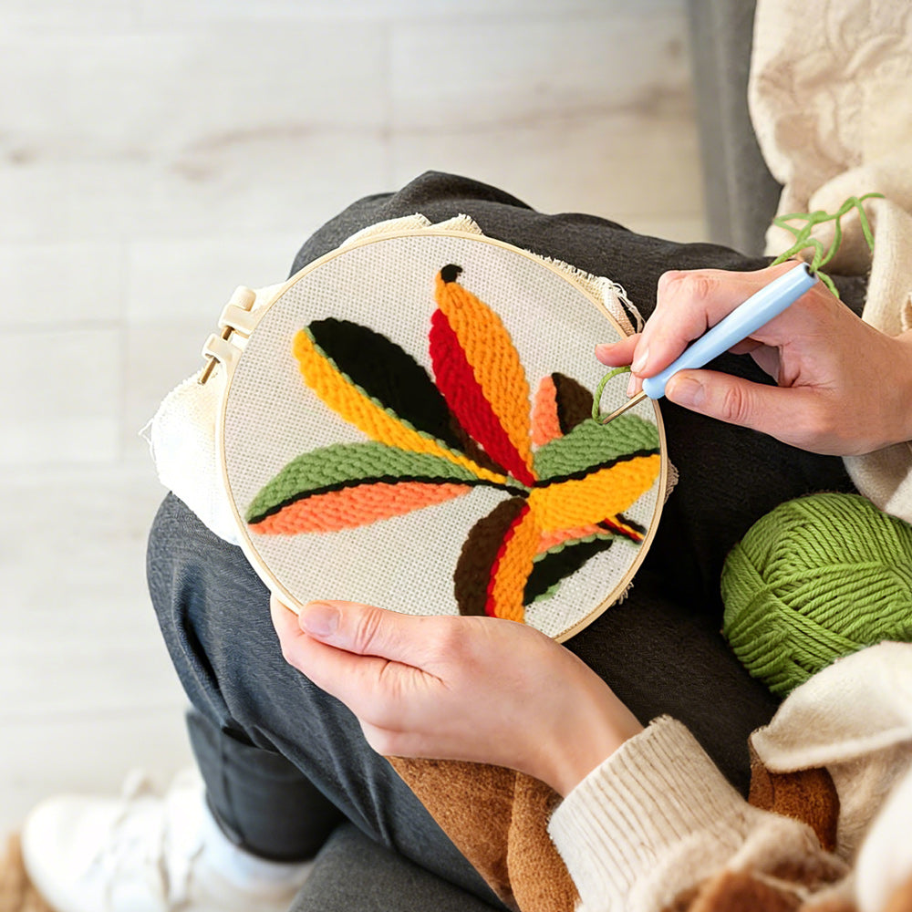 Creating handmade colourful radial leaves punch needle artwork