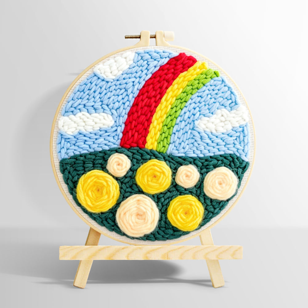 Colourful rainbow with yellow roses punch needle kit for beginners