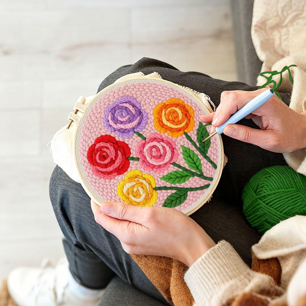 Creating handmade colourful rose bouquet punch needle artwork