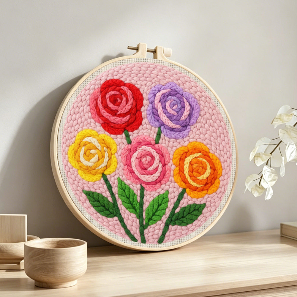 Colourful rose bouquet punch needle artwork displayed on a table
