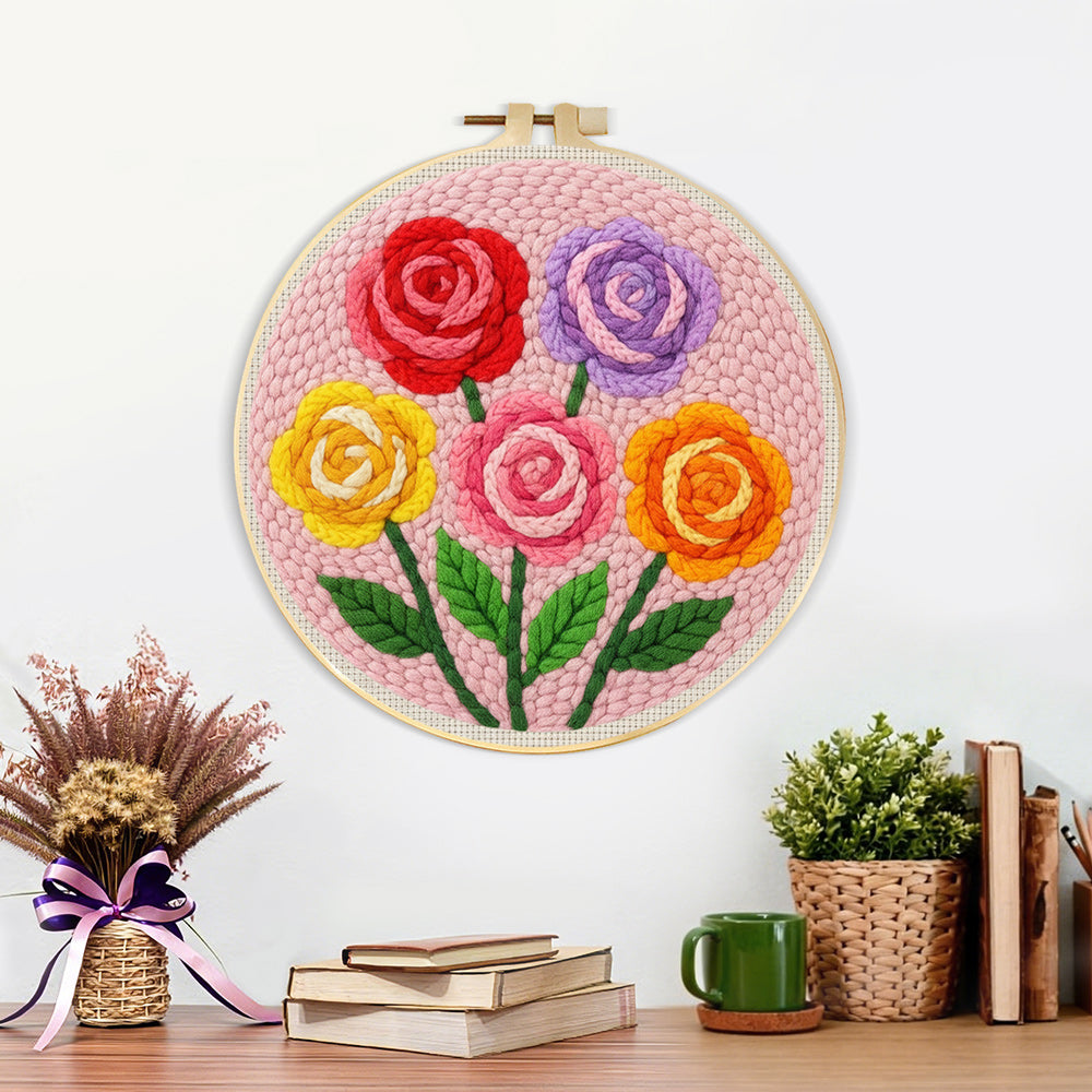 Finished colourful rose bouquet artwork displayed on a wall