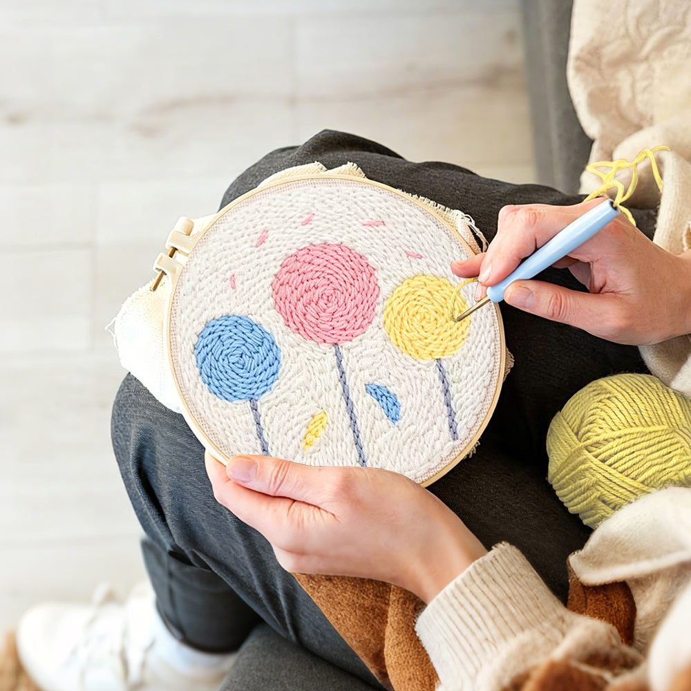 Creating handmade colourful round flowers punch needle artwork