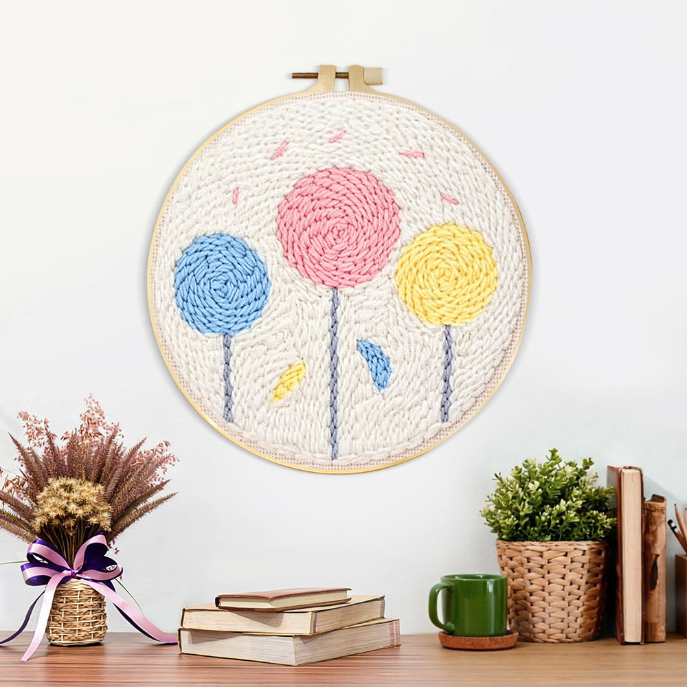 Finished colourful round flowers artwork displayed on a wall