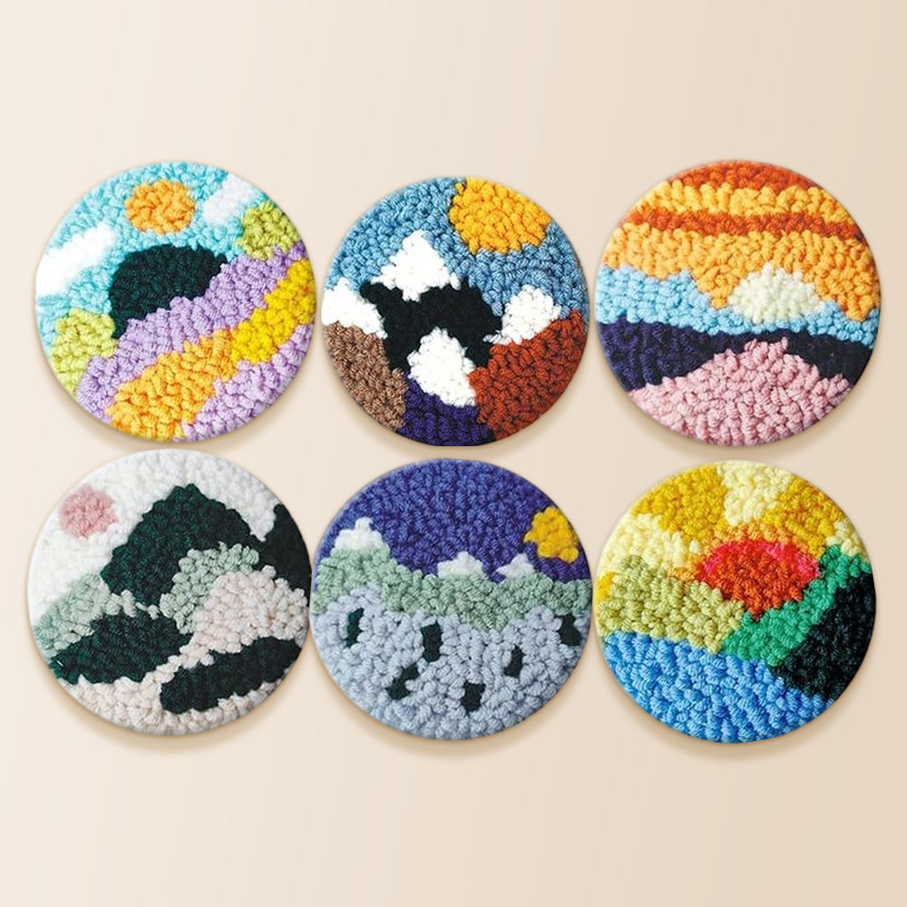 Colourful sky and mountains punch needle coaster kit finished handmade coasters