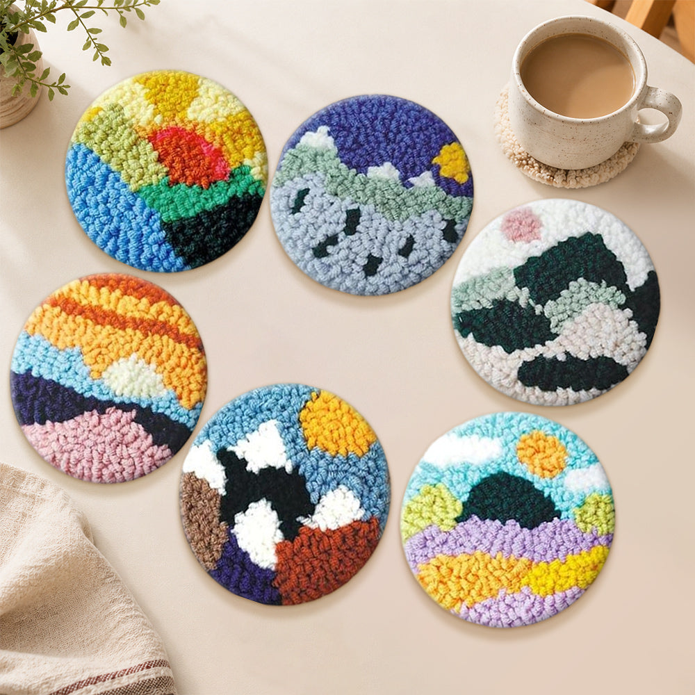 Colourful sky and mountains punch needle coasters used for home decoration