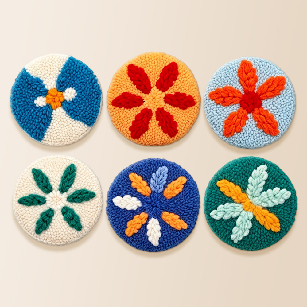Colourful starburst leaves punch needle coaster kit finished handmade coasters
