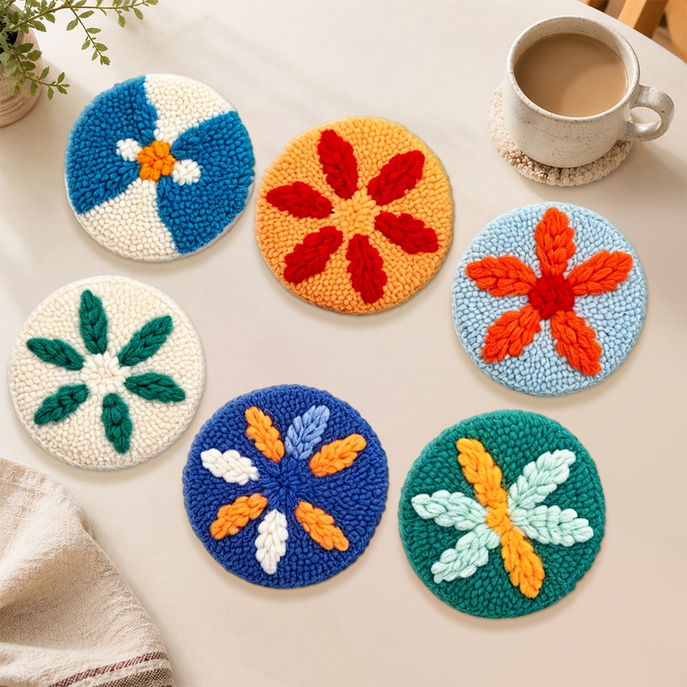 Colourful starburst leaves punch needle coasters used for home decoration