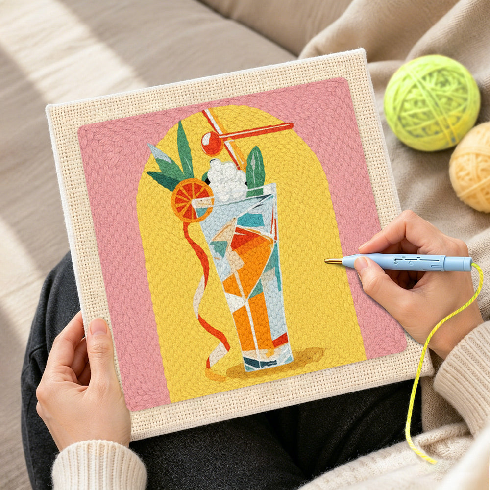 Creating handmade colourful tall cocktail punch needle artwork