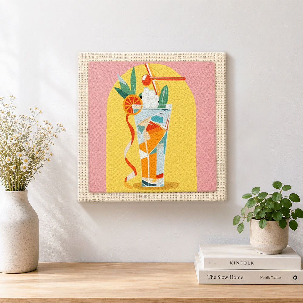 Finished colourful tall cocktail artwork displayed on a wall