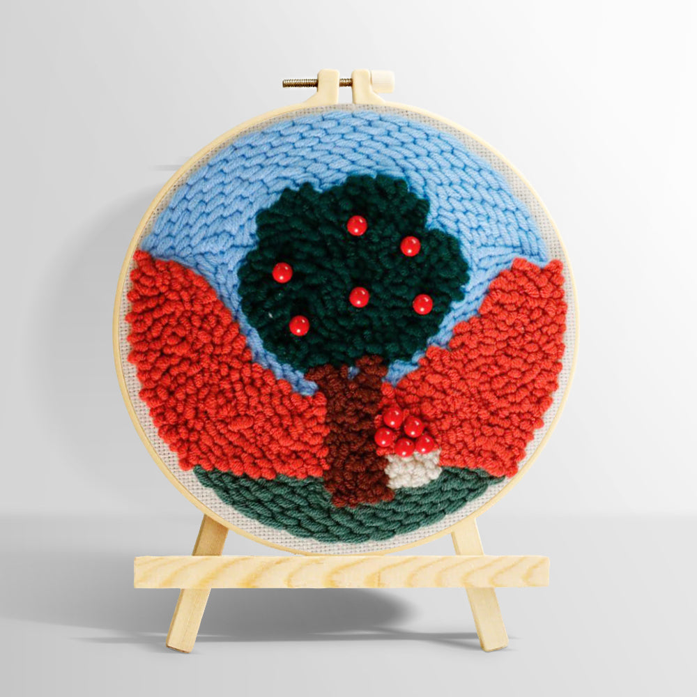 Colourful tree with red beads punch needle kit for beginners