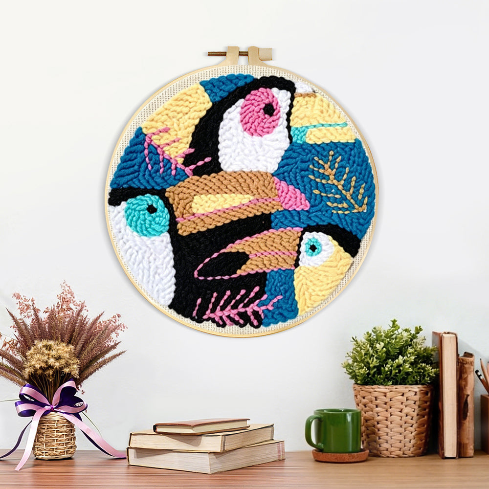 Finished colourful tropical toucan artwork displayed on a wall