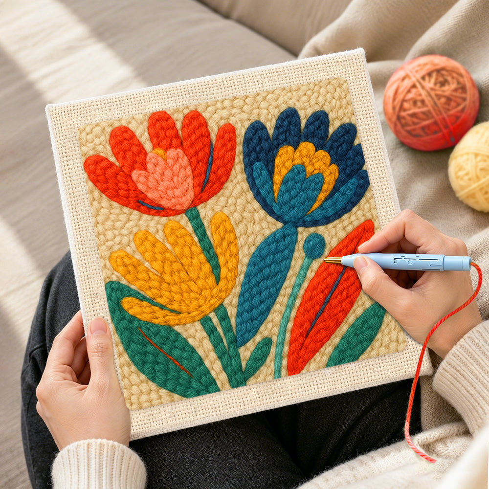 Creating handmade colourful tulips punch needle artwork