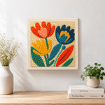Finished colourful tulips artwork displayed on a wall
