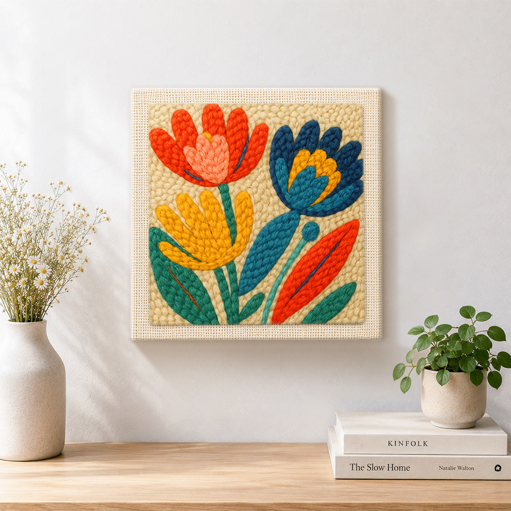 Finished colourful tulips artwork displayed on a wall