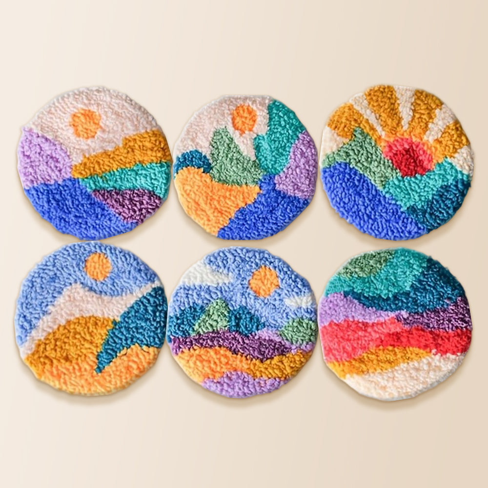 Colourful valley and sunrise punch needle coaster kit finished handmade coasters