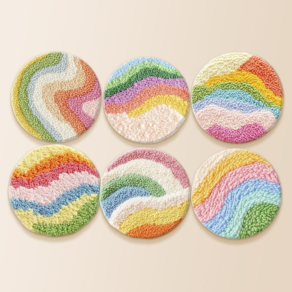 Colourful wavy rainbow punch needle coaster kit finished handmade coasters