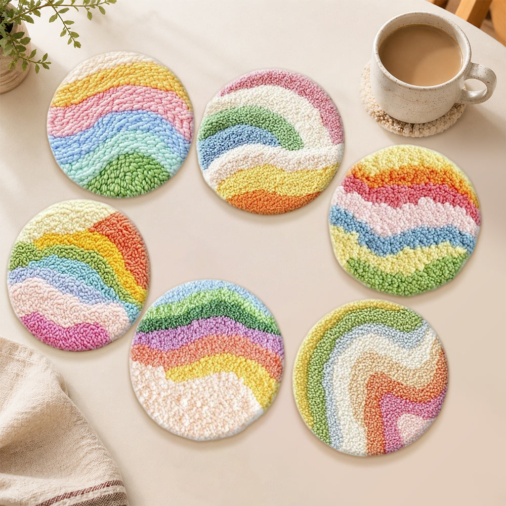 Colourful wavy rainbow punch needle coasters used for home decoration