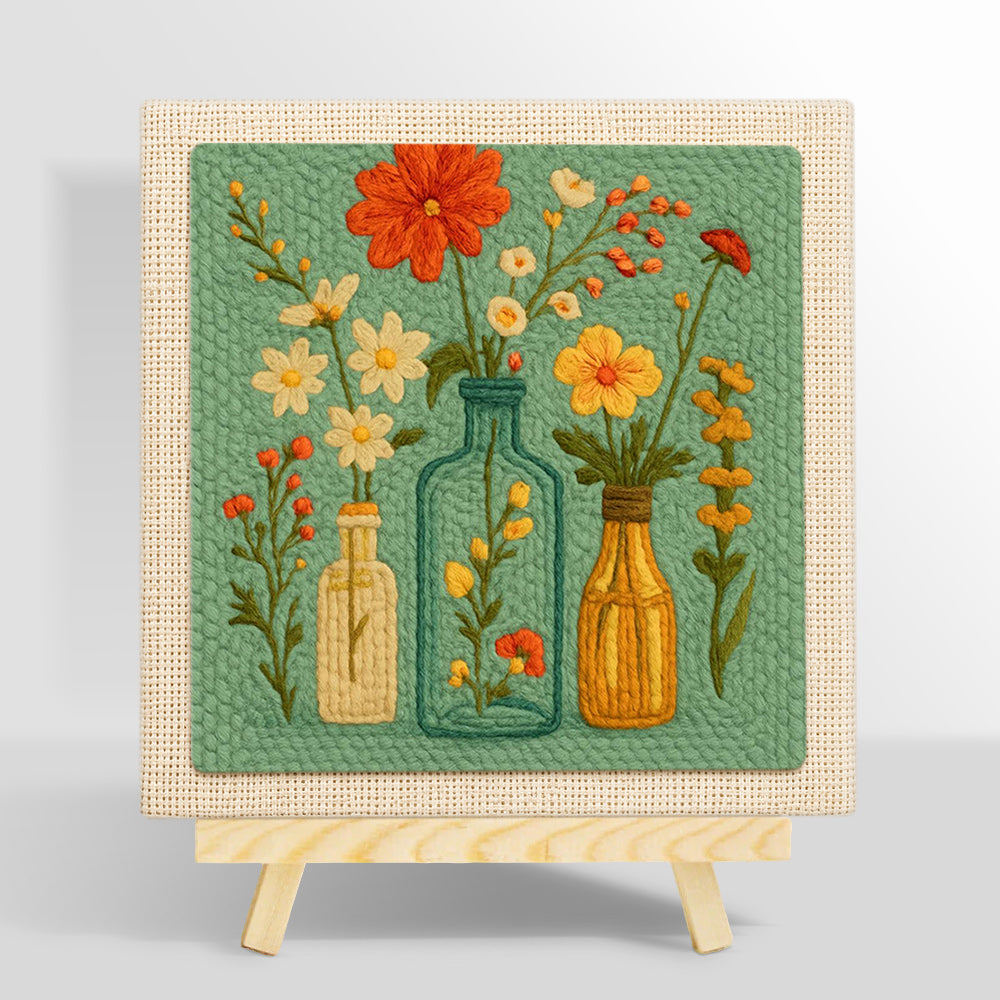 Colourful wildflowers in the glass bottles punch needle kit for beginners